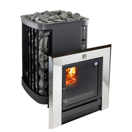 Дровяная печь для бани Kastor SAGA 20 KSIL рамка хром (арт. 089502) с панорамным стеклом и с сеткой для камней