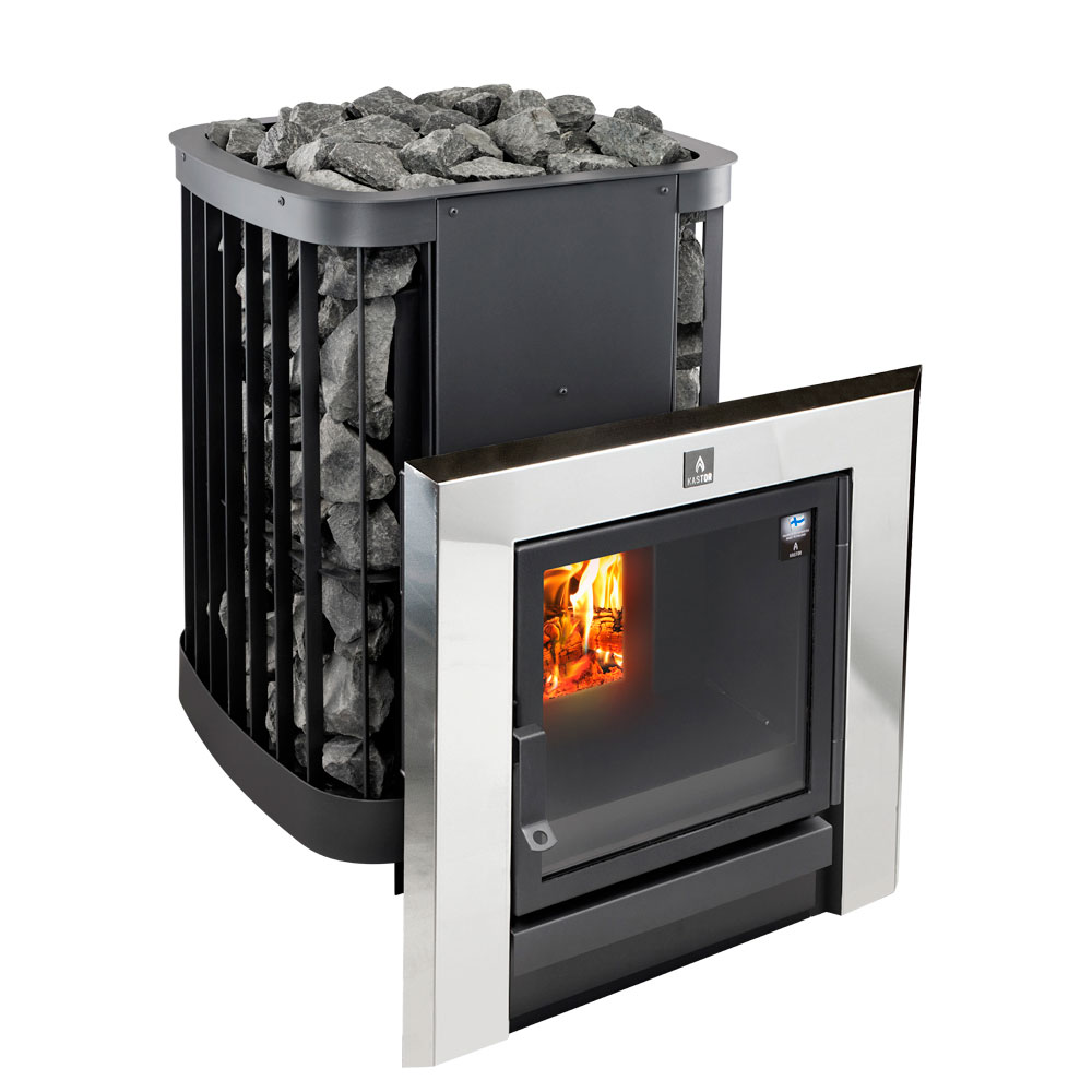Дровяная печь для бани Kastor SAGA 20 KSIL рамка хром (арт. 089502) с панорамным стеклом и с сеткой для камней